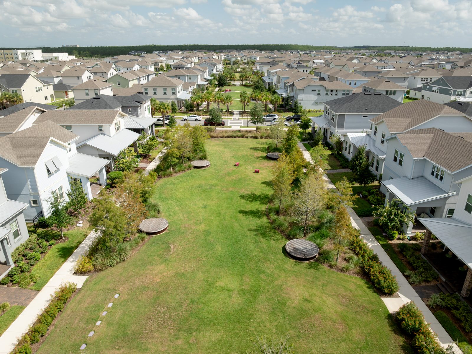 Homes around a central green in a Central Florida community